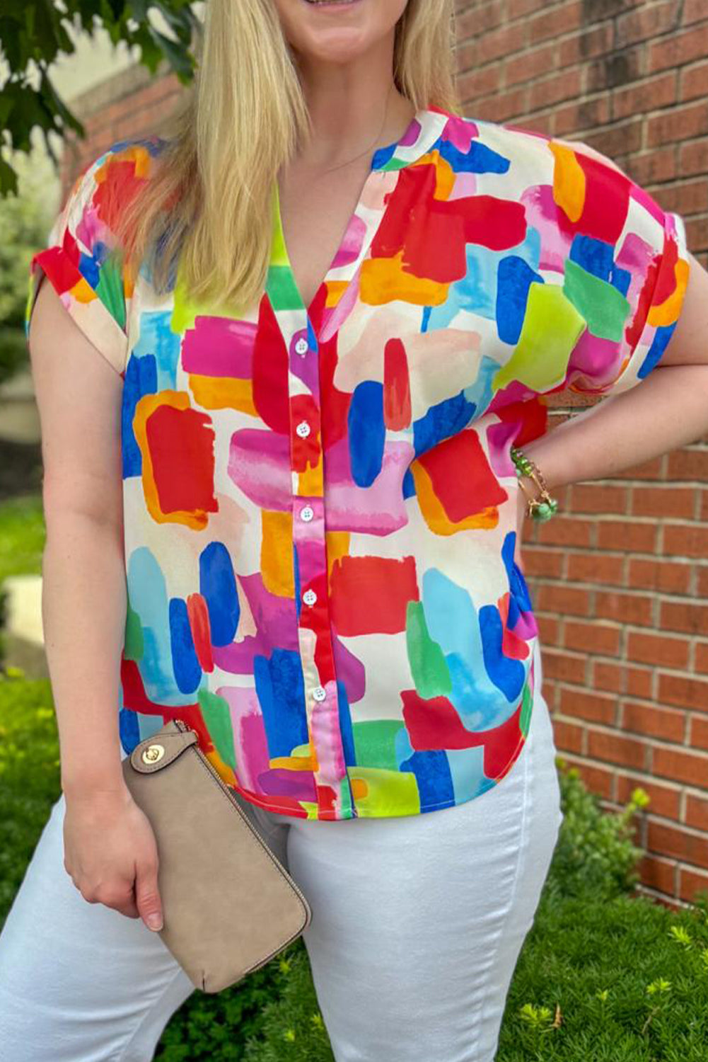 Colorful Brush Stroke Printed Button Split Neck Blouse
