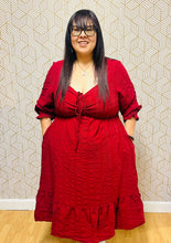 Load image into Gallery viewer, Red lace up long sleeve ruffle dress
