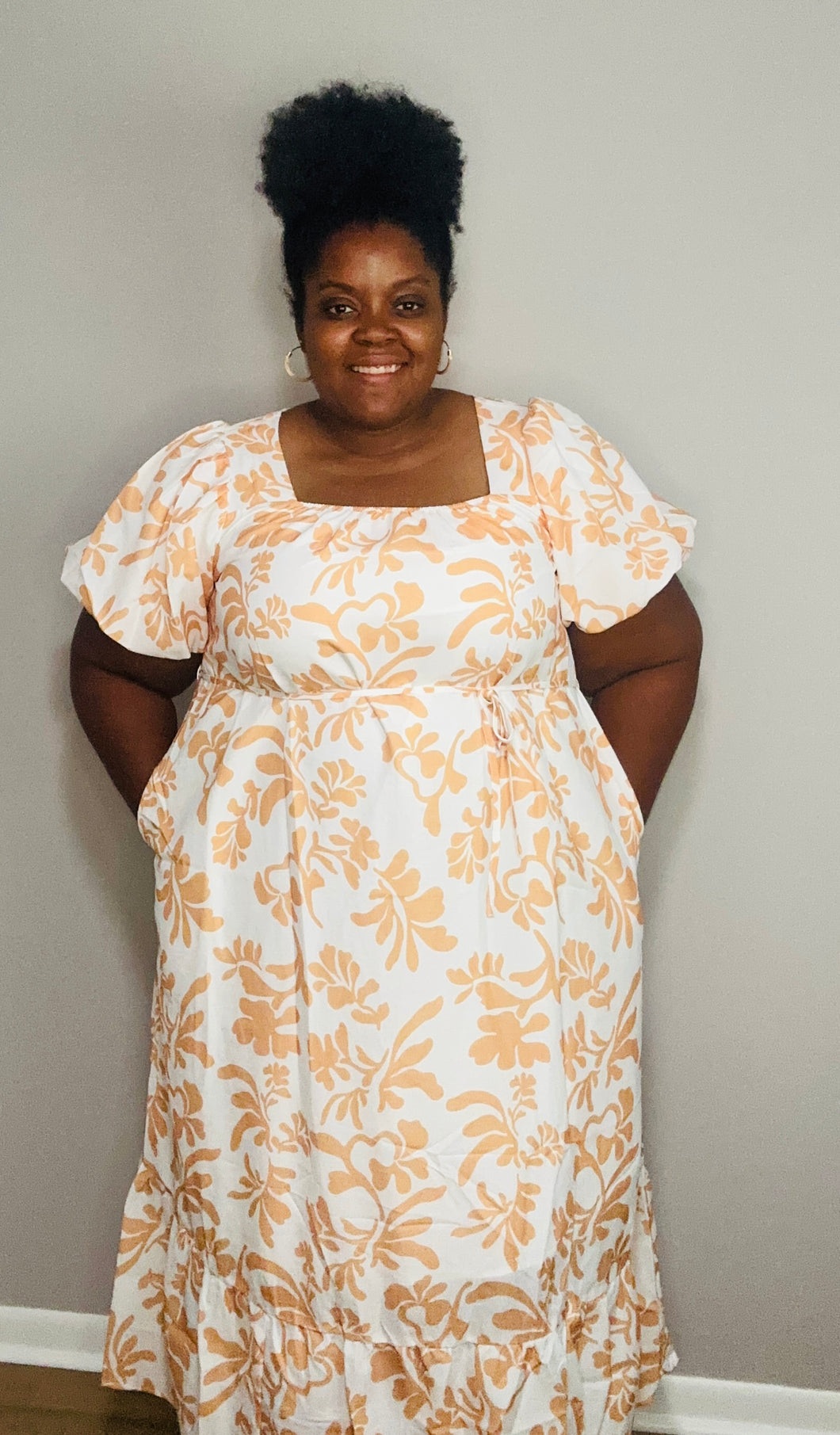 Apricot Floral Print Puff Short Sleeve Maxi Dress