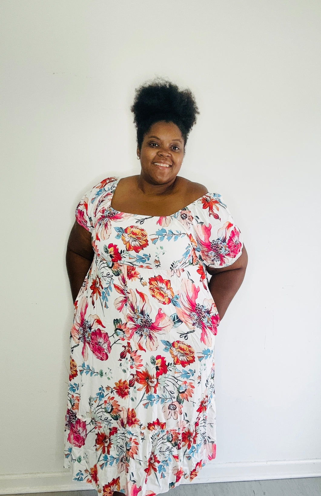 White Floral square neck puff dress