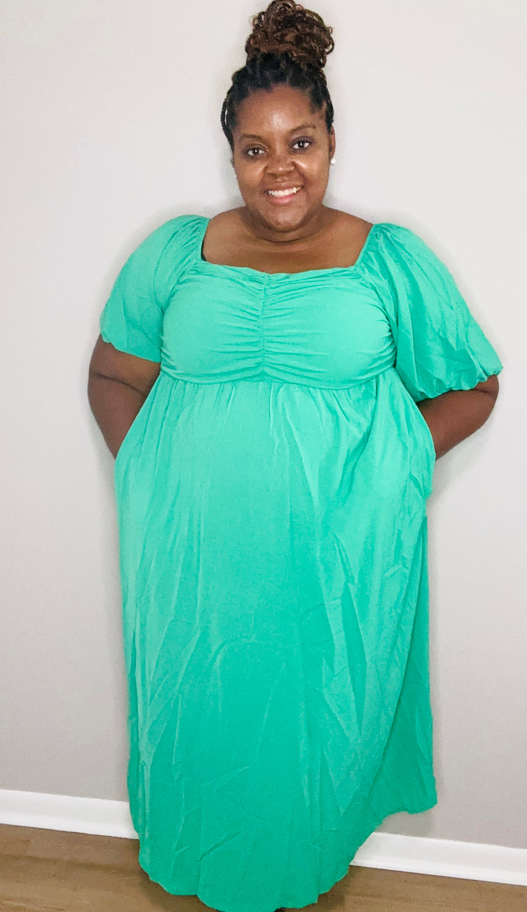 Bright Green Ruched Front Puff Sleeve