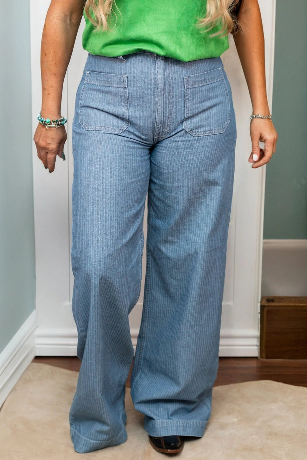 Blue Patched Pocket Textured Wide Leg Plus Size Jeans