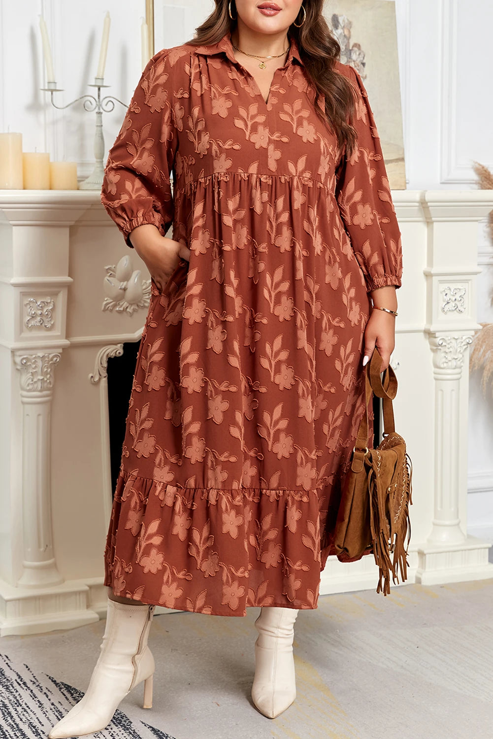 Cinnamon Plus Size Textured Flower Pattern Ruffle Dress